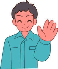 作業服を着た挨拶する笑顔のデフォルメ男性のイラスト