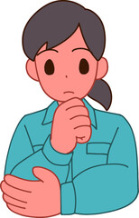 作業服を着た考えるデフォルメ女性のイラスト