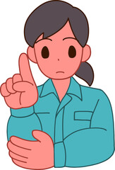 作業服を着た指をさすデフォルメ女性のイラスト