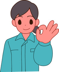 作業服を着たOKする笑顔のデフォルメ女性のイラスト