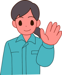 作業服を着た挨拶する笑顔のデフォルメ女性のイラスト