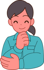 作業服を着た笑顔で考えるデフォルメ女性のイラスト