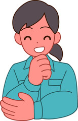 作業服を着た笑顔で考えるデフォルメ女性のイラスト