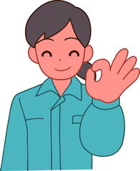 作業服を着たOKする笑顔のデフォルメ女性のイラスト