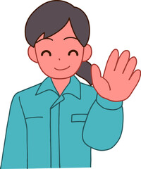 作業服を着た挨拶する笑顔のデフォルメ女性のイラスト