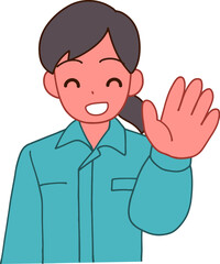 作業服を着た挨拶する笑顔のデフォルメ女性のイラスト