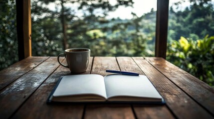 Fototapeta premium Tranquil Journaling Concept with Open Notebook for Personal Reflection and Creativity in Serene Setting