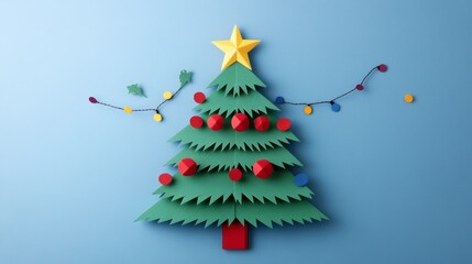 Obraz premium Colorful Paper Christmas Tree with Star and Ornaments Decorated on Blue Background for Holiday Season Celebrations and Festive Events