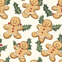 Fototapeta premium Seamless pattern of gingerbread cookies with mistletoe