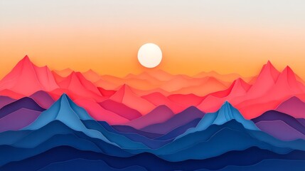 Fototapeta premium Serene Abstract Landscape with Stylized Pink and Blue Mountains Under a Soft Sun in a Gradual Orange Sky during Sunset Hours