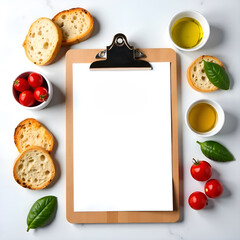 Blank mockup for Valentine's Day love message with bread, tomatoes, and olive oil. Menu Mockup