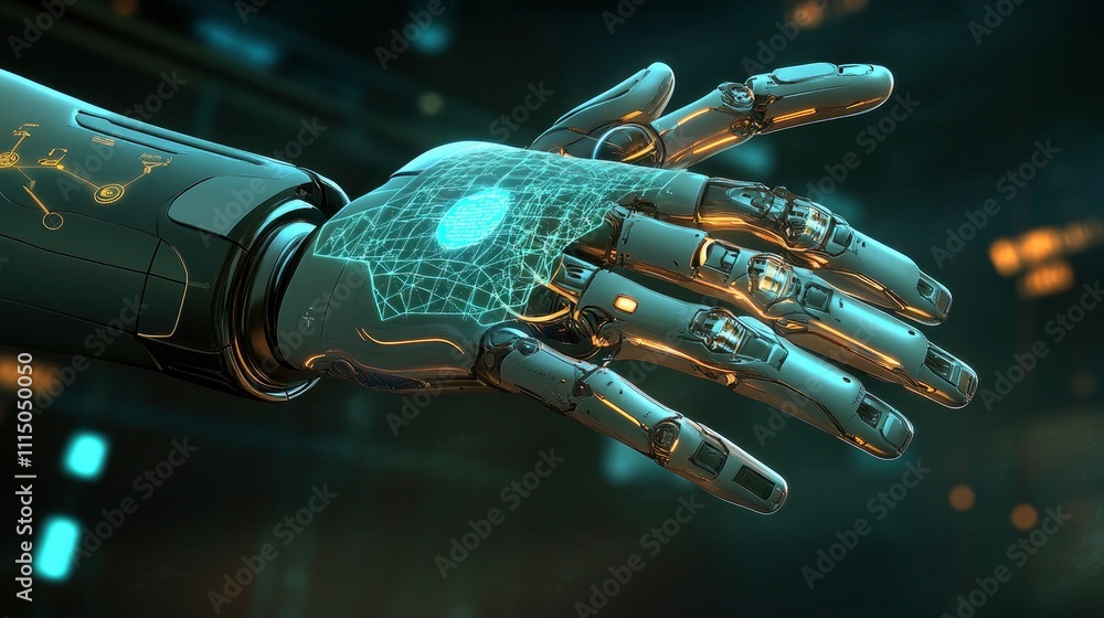 Poster futuristic robotic hand with glowing patterns and circuitry