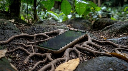 Obraz premium smartphone nestled among tree roots in lush forest