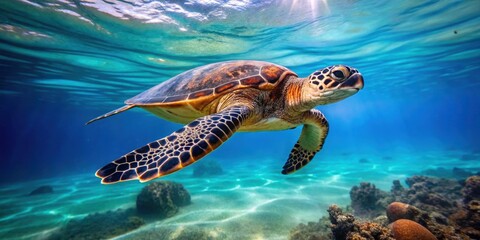 Obraz premium Beautiful Hawksbill Sea Turtle swimming gracefully in the crystal clear waters of the Indian Ocean