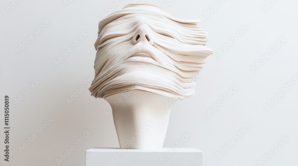 Poster abstract sculpture of a human face with dynamic paper strips creating a flowing effect, capturing th