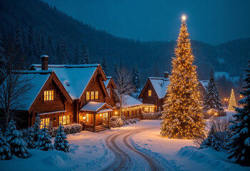 Fototapeta premium A snowy village at night with warm golden lights glowing from every house and a giant decorated Christmas tree