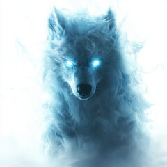 Obraz premium radiant frost wolf with glowing icy eyes emerges from mist