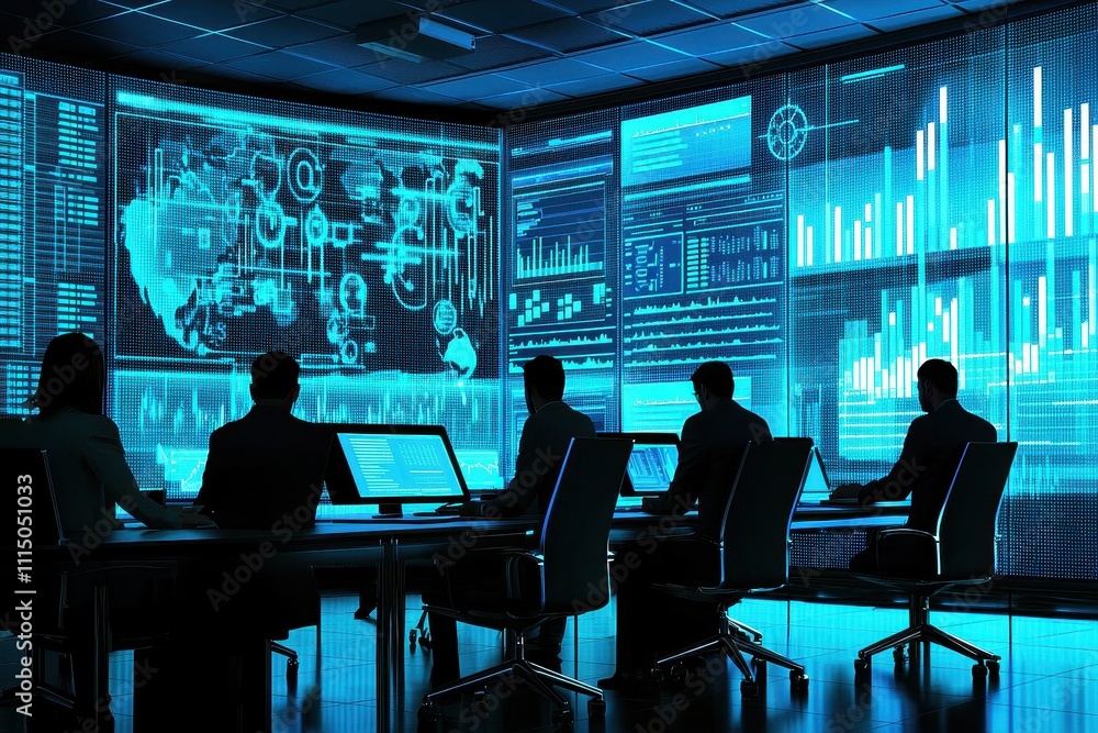 Poster a group of professionals analyzes data in a high-tech control room, surrounded by digital displays s