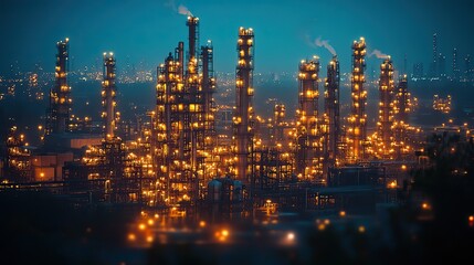 Fototapeta premium Glittering lights from the petrochemical industry shine against the night sky