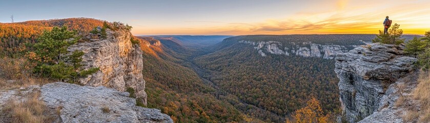 A panoramic view of a valley at sunset, showcasing vibrant autumn foliage and rocky cliffs.