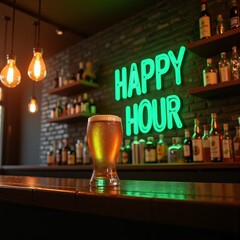Happy hour neon sign with beer glass in bar