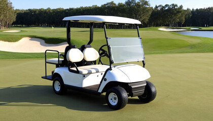 Golf Cart on a Scenic Golf Course, Perfect for Leisure and Sport Concepts.