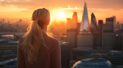 Young woman looking over the City of London at sunset. Beautiful city background in gentle light. Future, freedom, business success and new opportunity concept