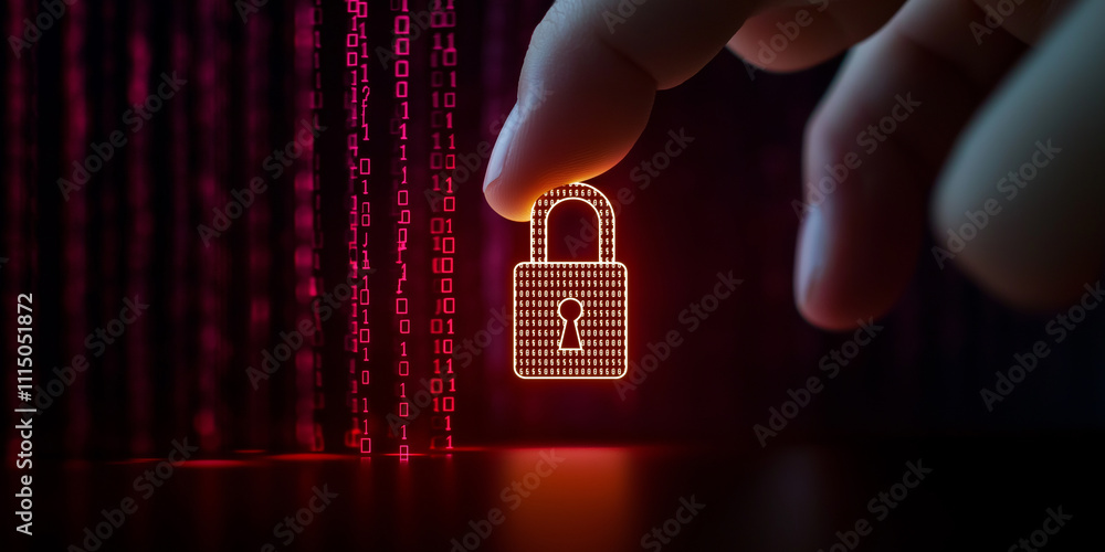 Poster Finger touching digital padlock protecting binary code data stream