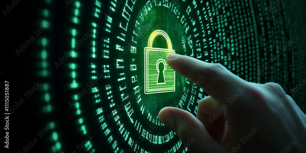 Poster Programmer touching security padlock icon on digital screen with green binary code
