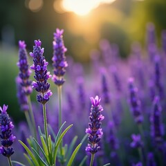 Obraz premium Purple lavender flowers blooming at sunset