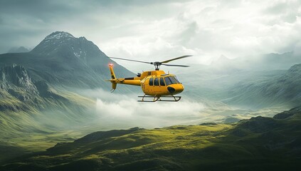 Yellow Helicopter Soars Over Majestic Mountain Landscape in Dramatic Aerial View