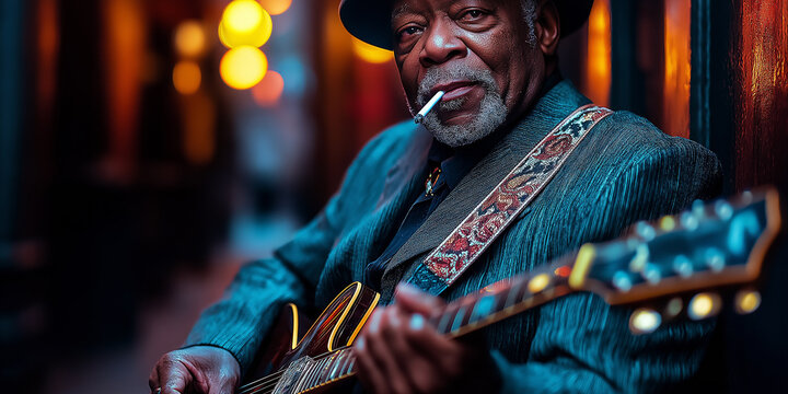 Senior bluesman playing guitar and smoking a cigarette in a jazz club