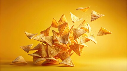 Obraz premium Frozen motion of flying fried tortilla nachos chips on gradient yellow background, tortilla chips