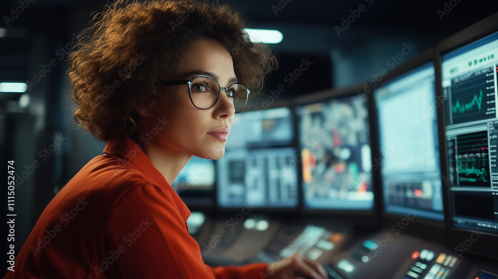 Poster Female security expert monitoring data on multiple computer screens in a system control room