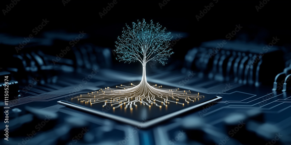 Poster Glowing digital tree growing on microchip and connecting with roots to electronic circuit