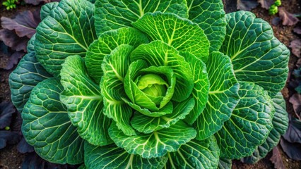 Fototapeta premium Overhead view of a vibrant green cabbage plant in a garden, cabbage, plant, green, vegetable, leaves, organic, agriculture