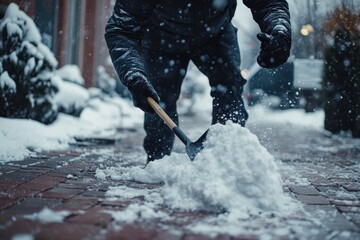 Naklejka premium A man wearing a black winter jacket and gloves shovels snow from a brick pavement