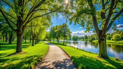 Fototapeta premium Serene riverside pathway in lush green park under clear blue sky , nature, tranquil, peaceful, idyllic, outdoor, scenery