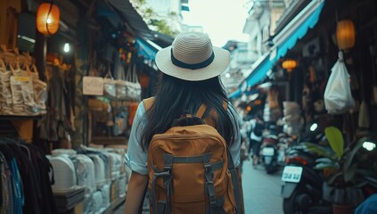 Fototapeta premium Traveler Explores Vibrant Street Market with Backpack, Discovering Exotic Goods and Culture Immersively.