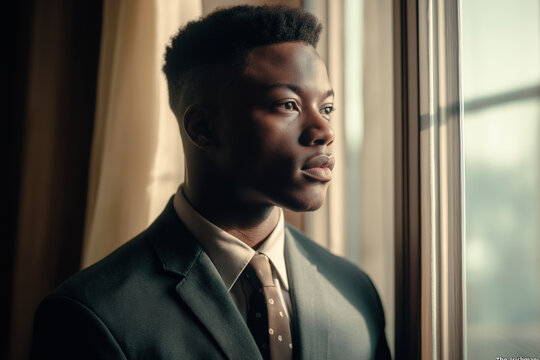 Pensive businessman looking out window in contemplation