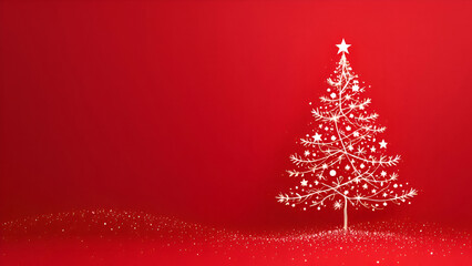 Merry Christmas and Happy New Year background. Christmas tree with star and box of gifts strewn with snow on red background, realistic 3d decorative garland glow. Xmas Decorations.