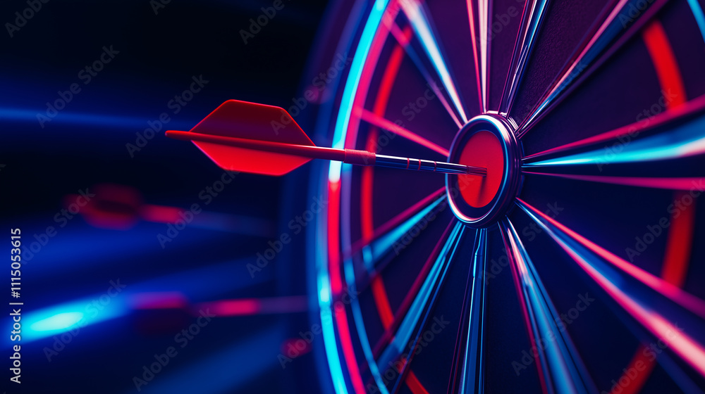 Poster red dart hitting the center of a target on a neon background