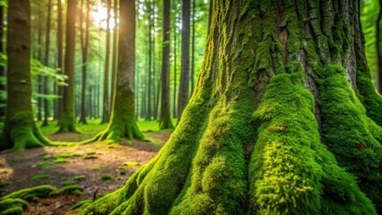 Obraz premium Lush green moss covering the bark of trees in a serene forest setting, forest, nature, green, moss, trees, branches, leaves