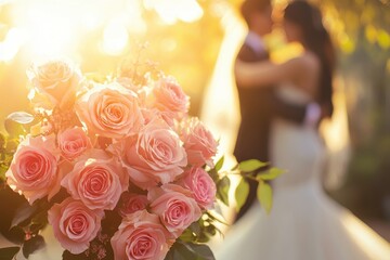 Obraz premium A romantic and elegant image showing a wedding couple embracing in the background
