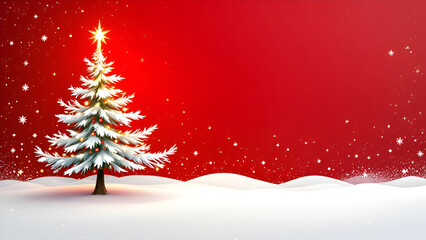 Merry Christmas and Happy New Year background. Christmas tree with star and box of gifts strewn with snow on red background, realistic 3d decorative garland glow. Xmas Decorations.