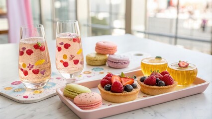 Obraz premium Playful Presentation of Sparkling Sake with Colorful Desserts