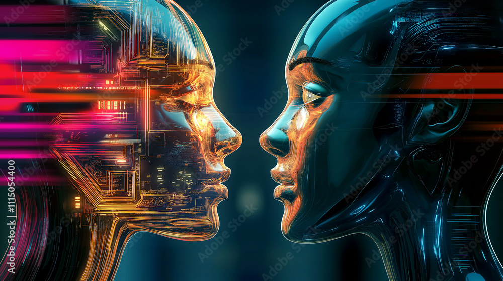 Poster Two ai robots facing each other communicating and transferring data