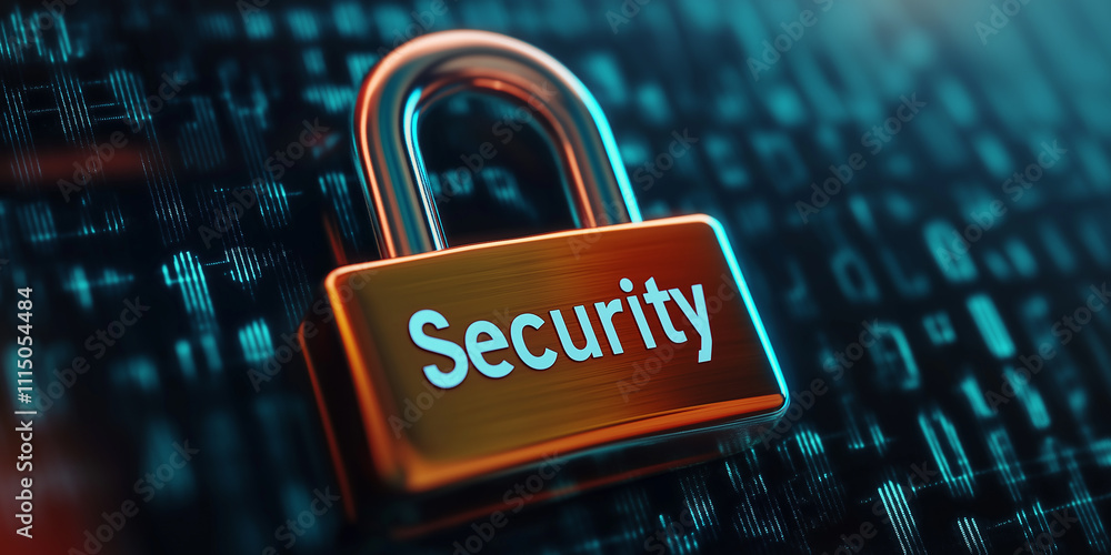 Poster Padlock guaranteeing security in digital world with binary code