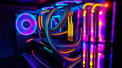 Powerful modern desktop gaming computer with neon lights showing components