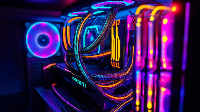 Powerful modern desktop gaming computer with neon lights showing components